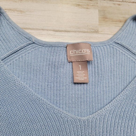 Chico's Size 1 Medium Blue Long Flare Sleeve Knit Pullover Sweater - Picture 2 of 6